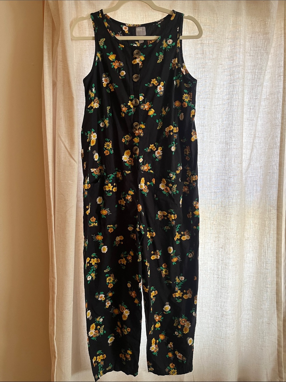ASOS Black Sleeveless Floral Button-Front Jumpsuit